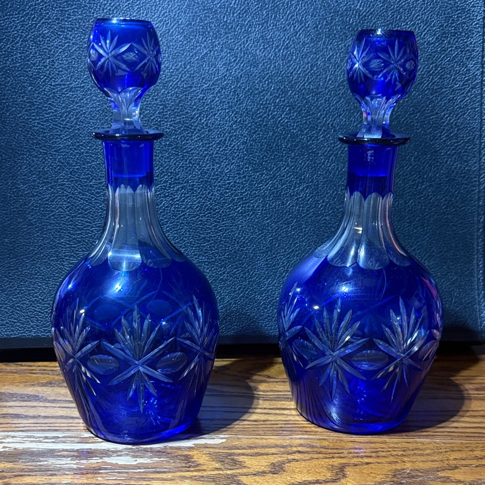 Vintage Cut Glass Blue Glass Decanter Set